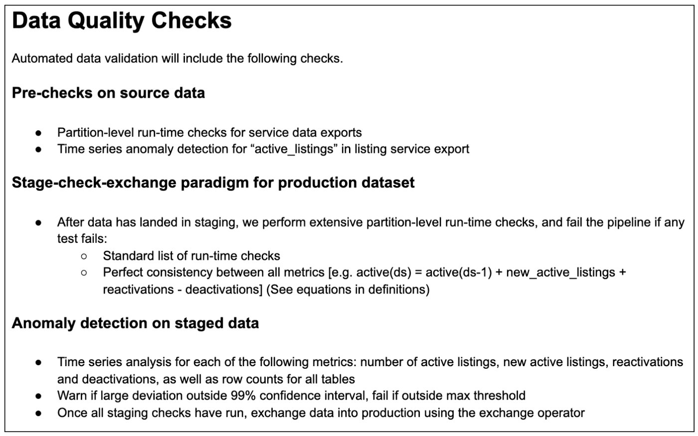 Fig 9: Example section on data quality checks details from a Midas design spec.